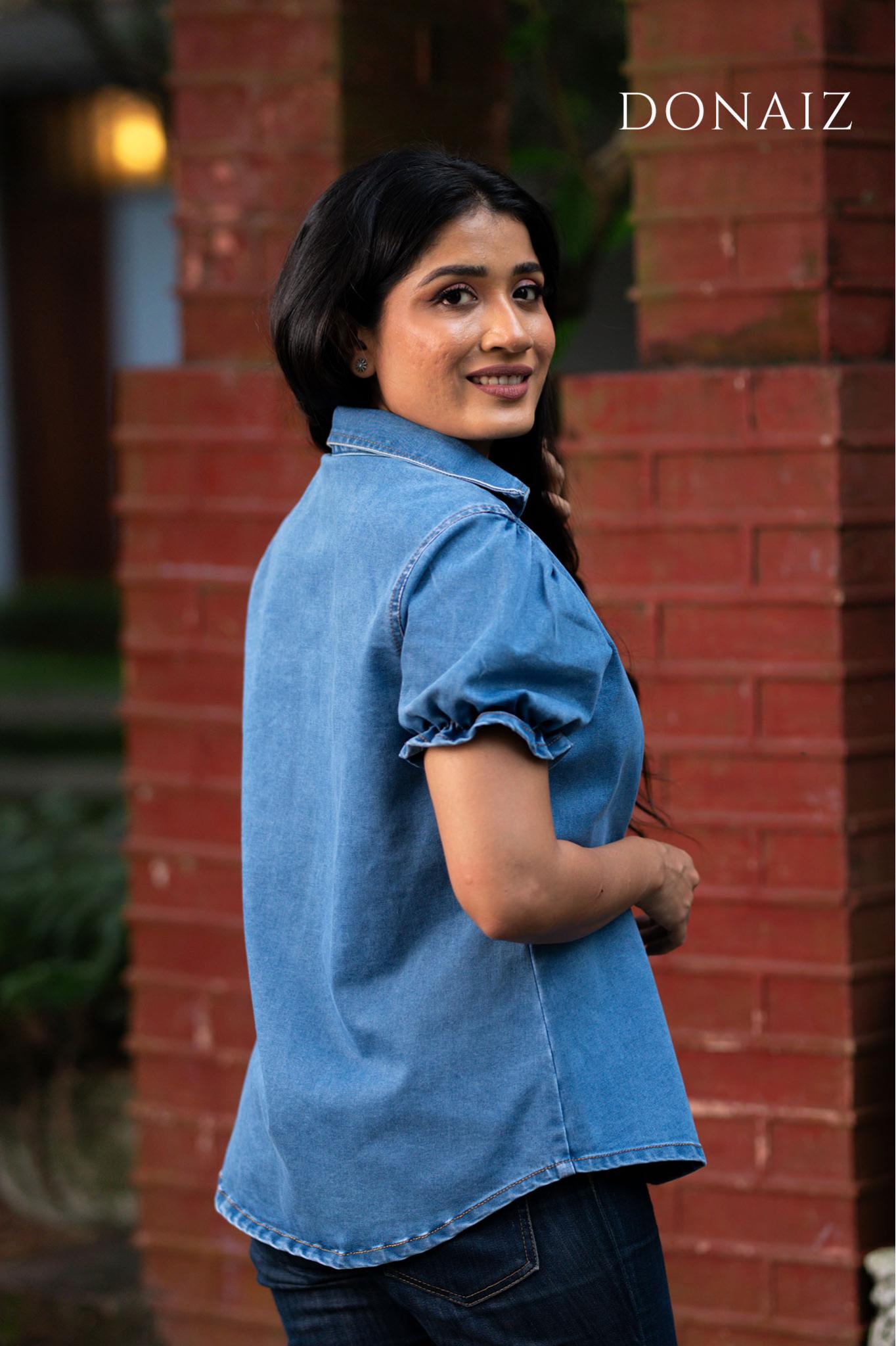 Fashionable V Neck Collared Denim Top