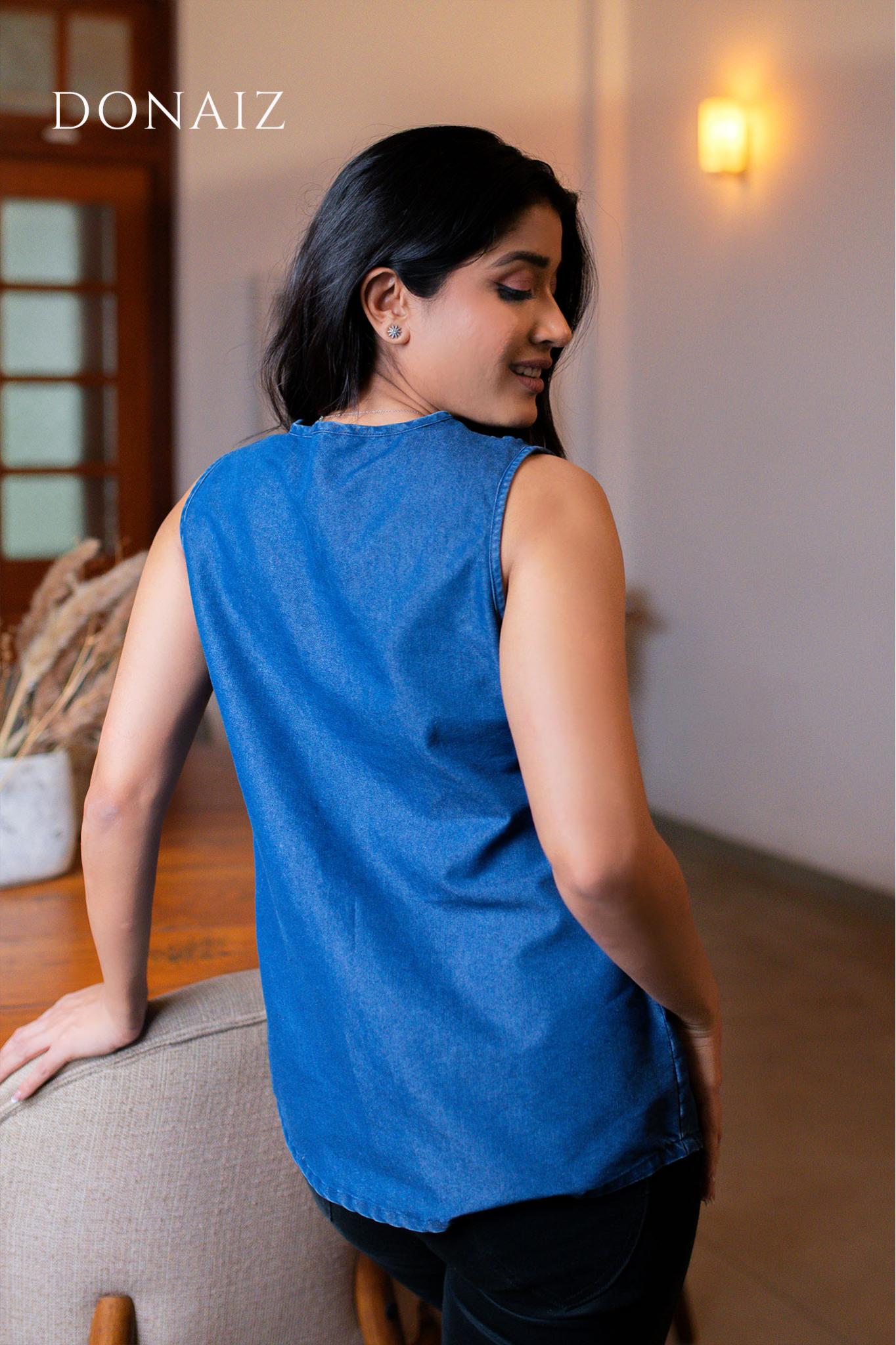 Gorgeous Sleeveless Zipper Chambray Top