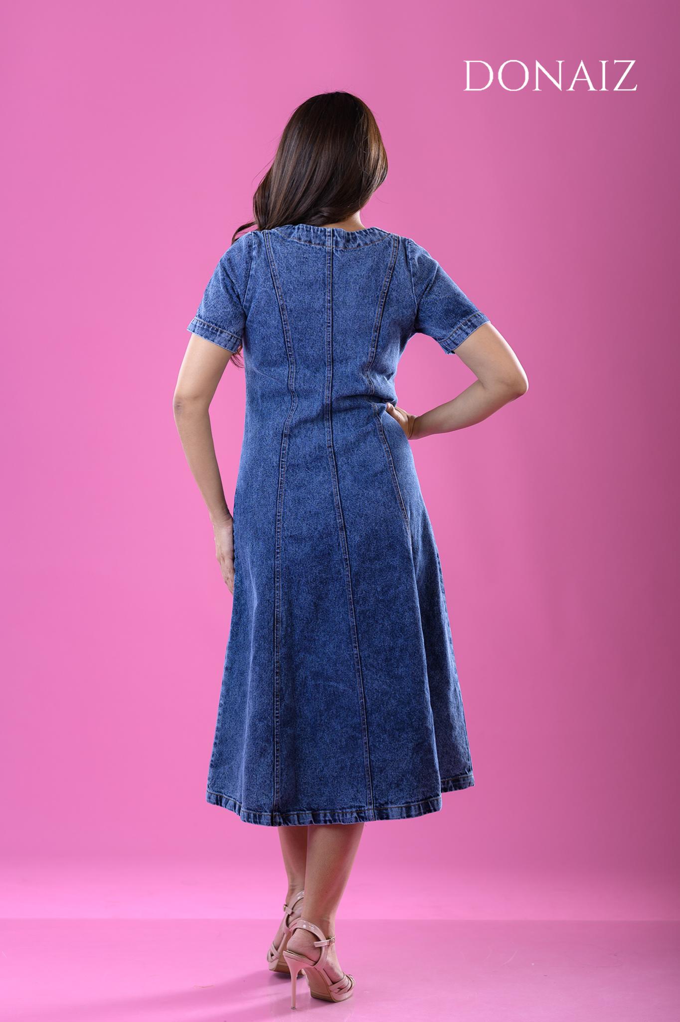 Donaiz V neck buttoned long denim Dress