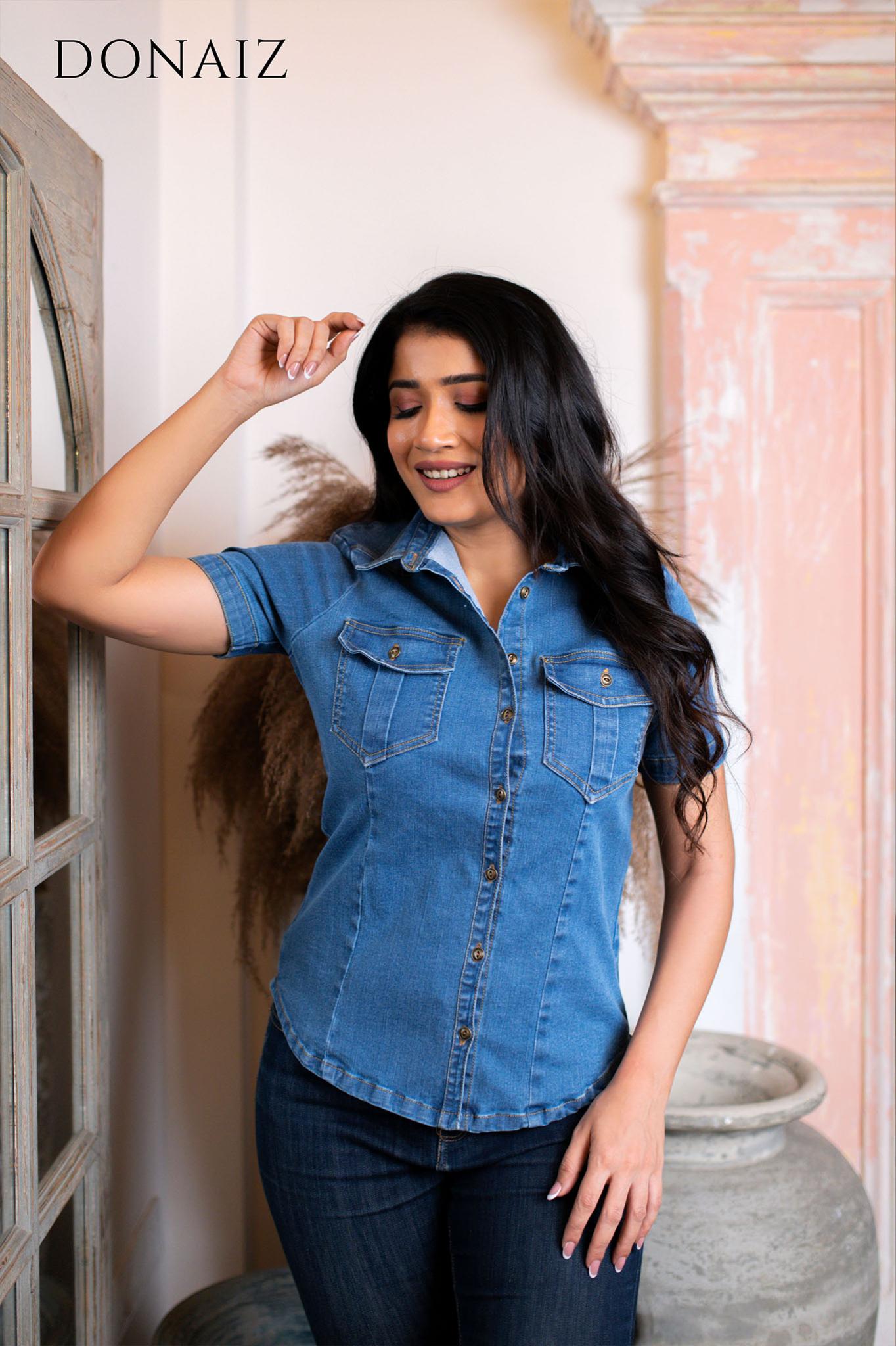 Pleated Pocket Denim Top