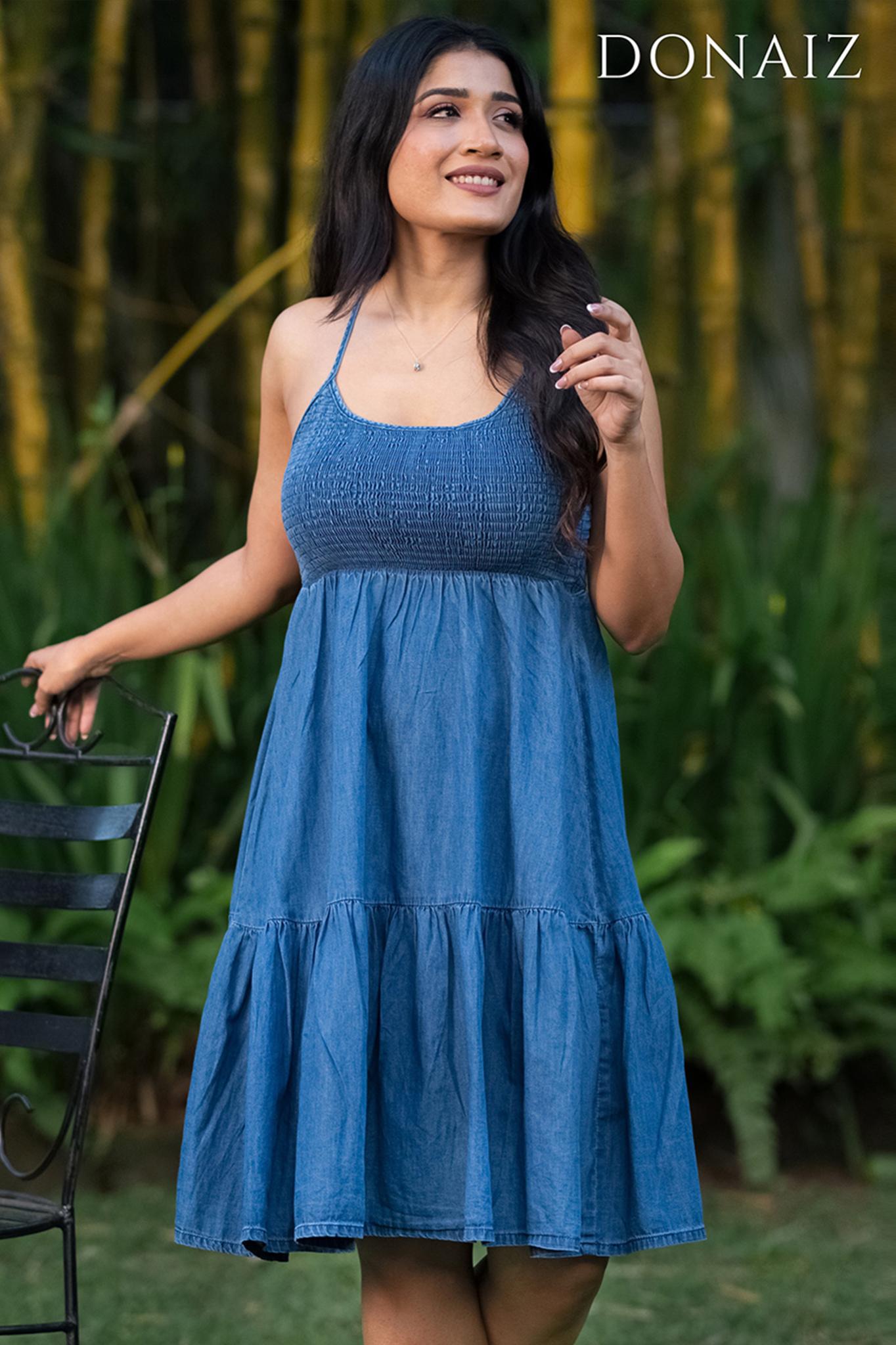 Strappy Denim Smocked Midi Dress