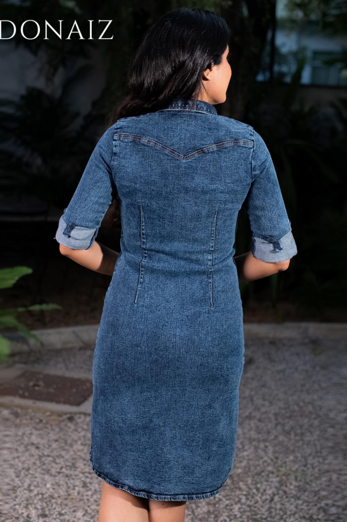 Elegant Denim Buttoned Long Sleeve Dress