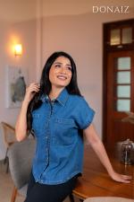 Dual Pocketed Bat Wing Sleeves Denim Top