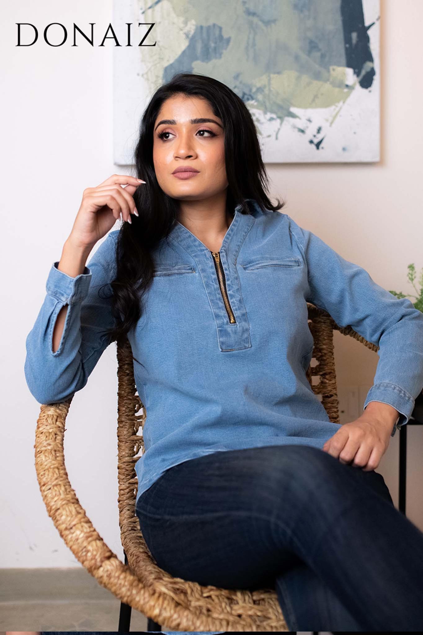Long Sleeve Denim Blouse with Zipper