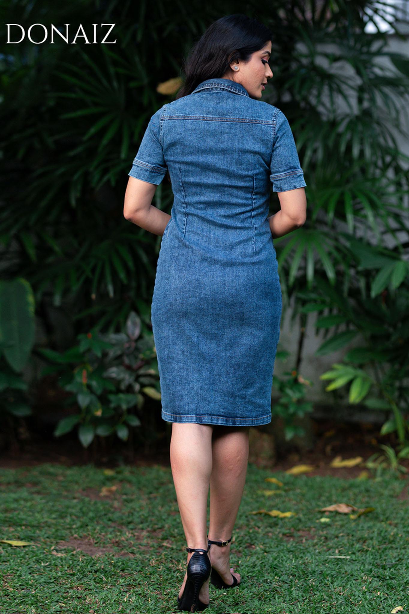 Elegant Collared Front Buttoned Denim Dress