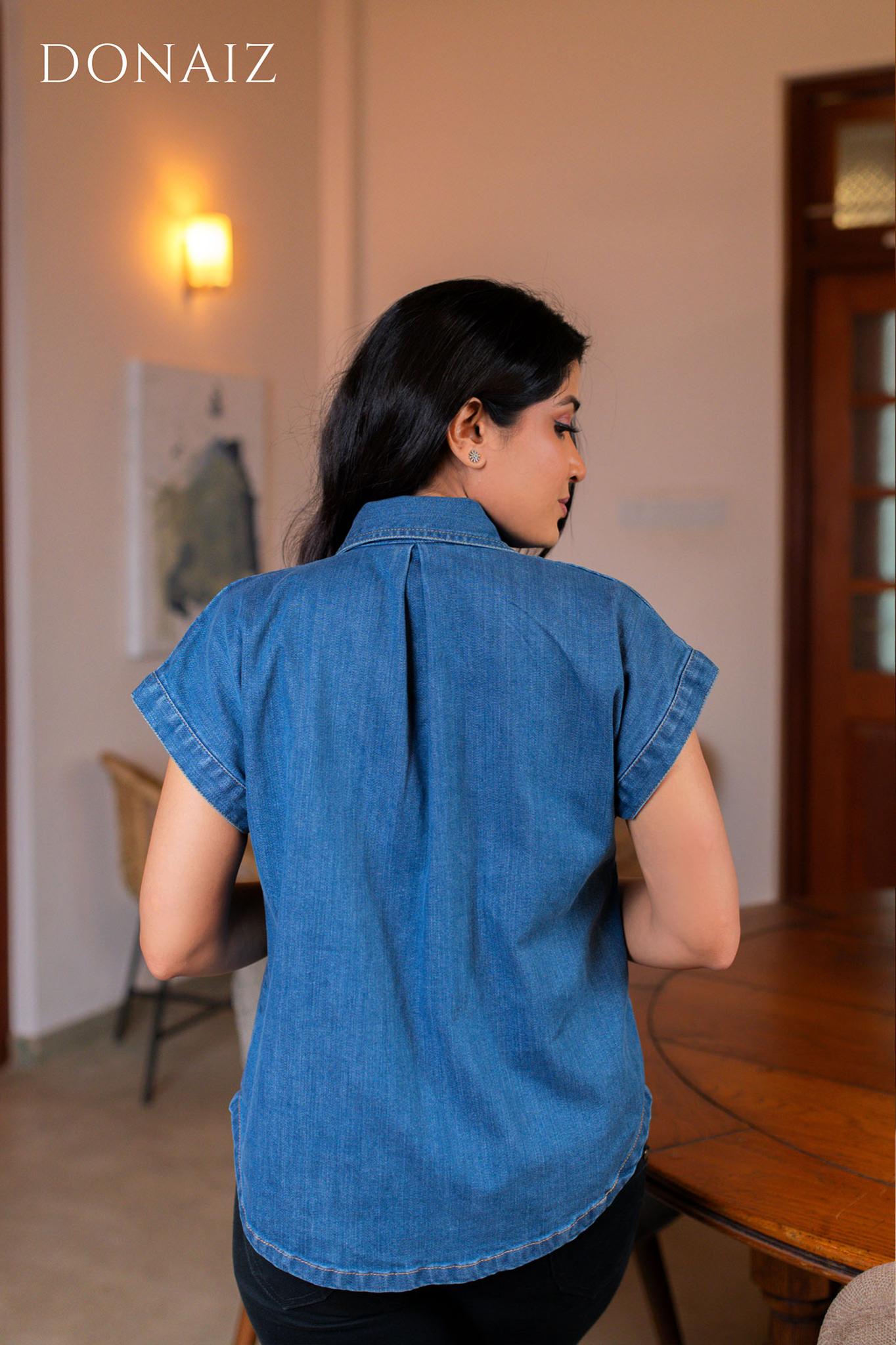 Dual Pocketed Bat Wing Sleeves Denim Top