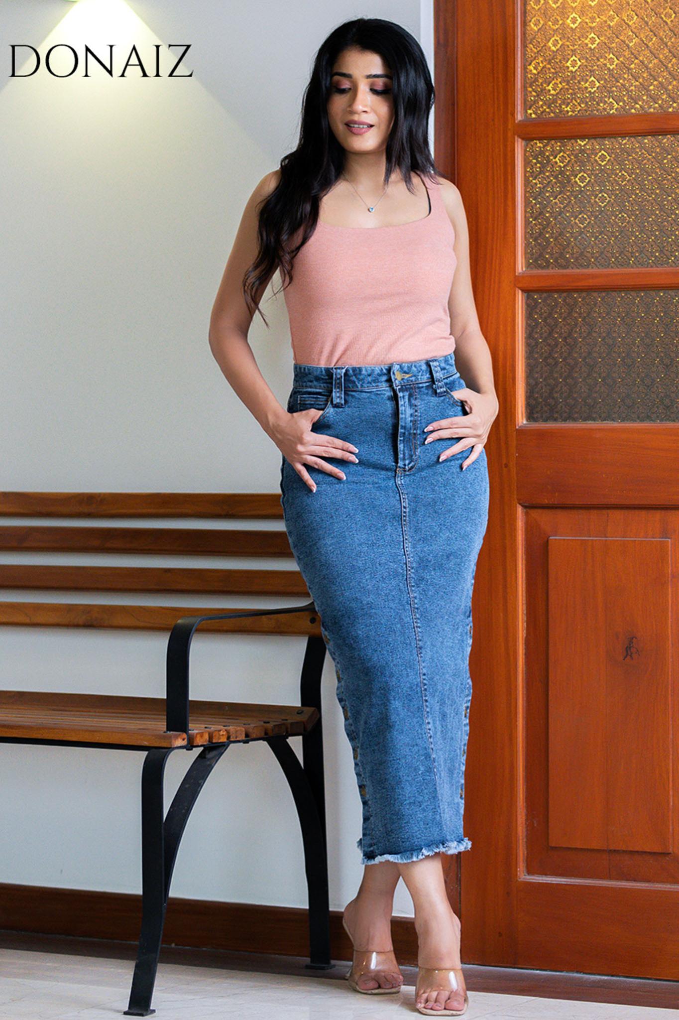 Side Buttoned Long Denim Skirt