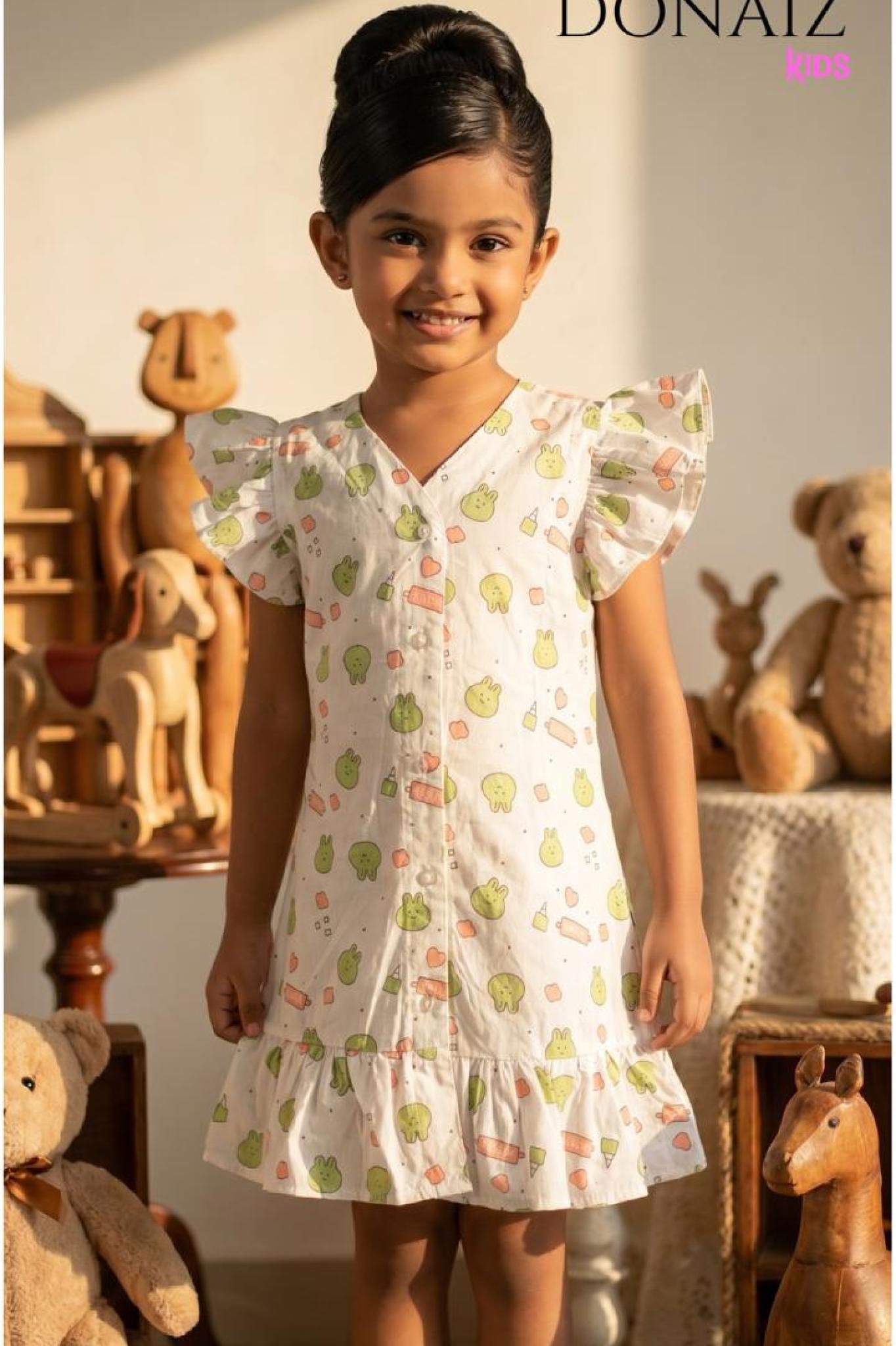 Donaiz Kids Stylish Girl V neckline flutter sleeve dress