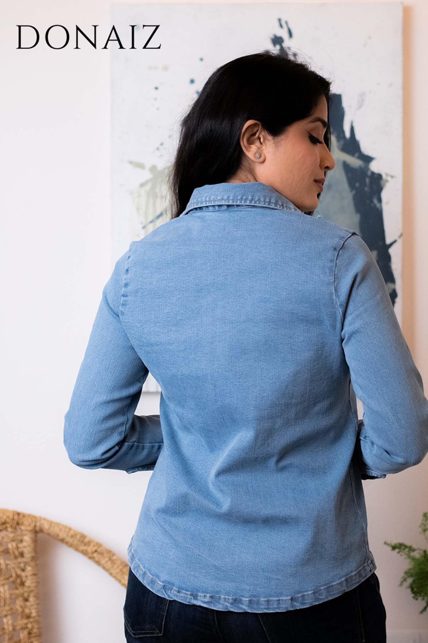 Long Sleeve Denim Blouse with Zipper