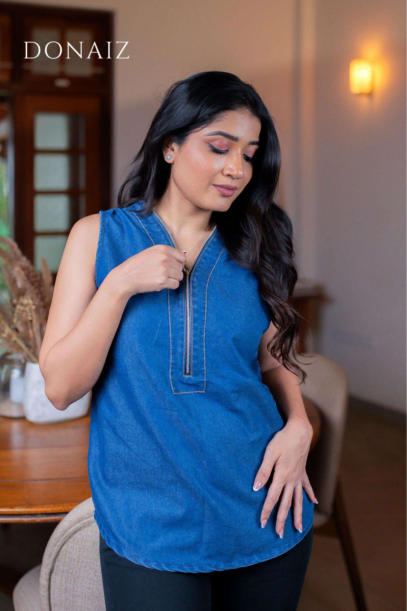 Gorgeous Sleeveless Zipper Chambray Top