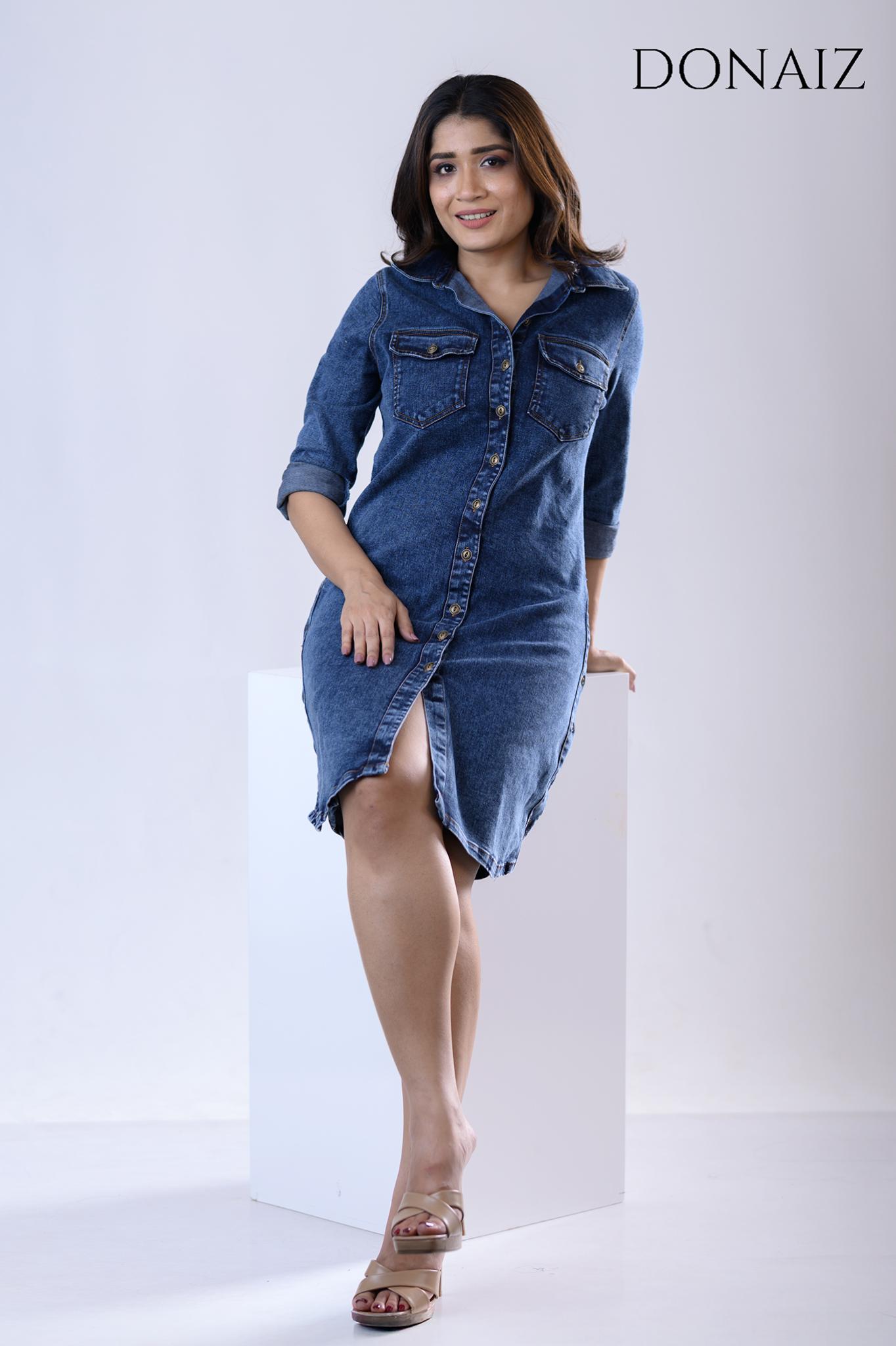DONAIZ Stylish Roll sleeve Denim Shirt Dress (Re)