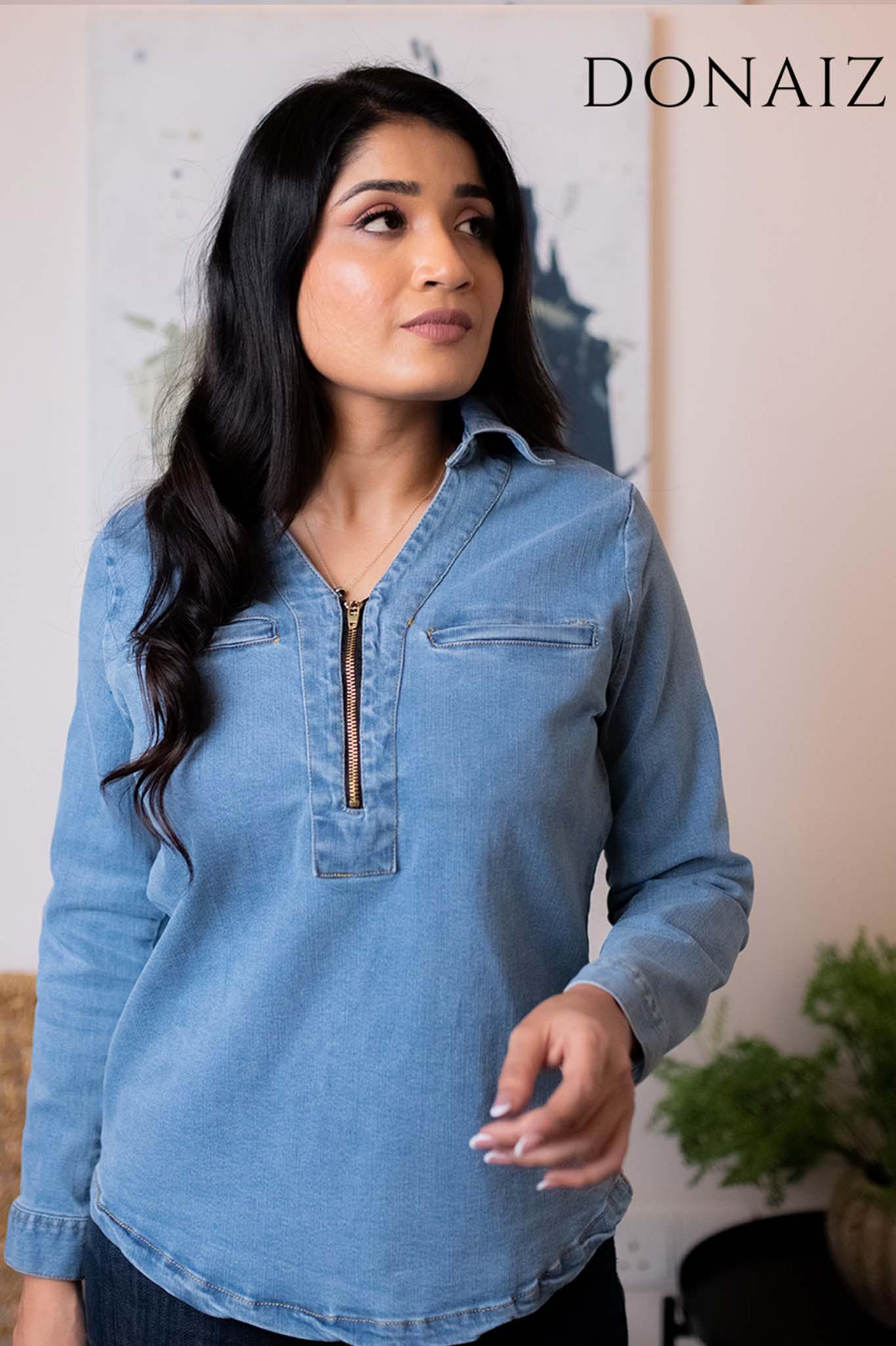 Long Sleeve Denim Blouse with Zipper
