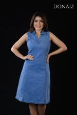 DONAIZ Elegant Sleeveless denim Midi Dress With Collar Neck