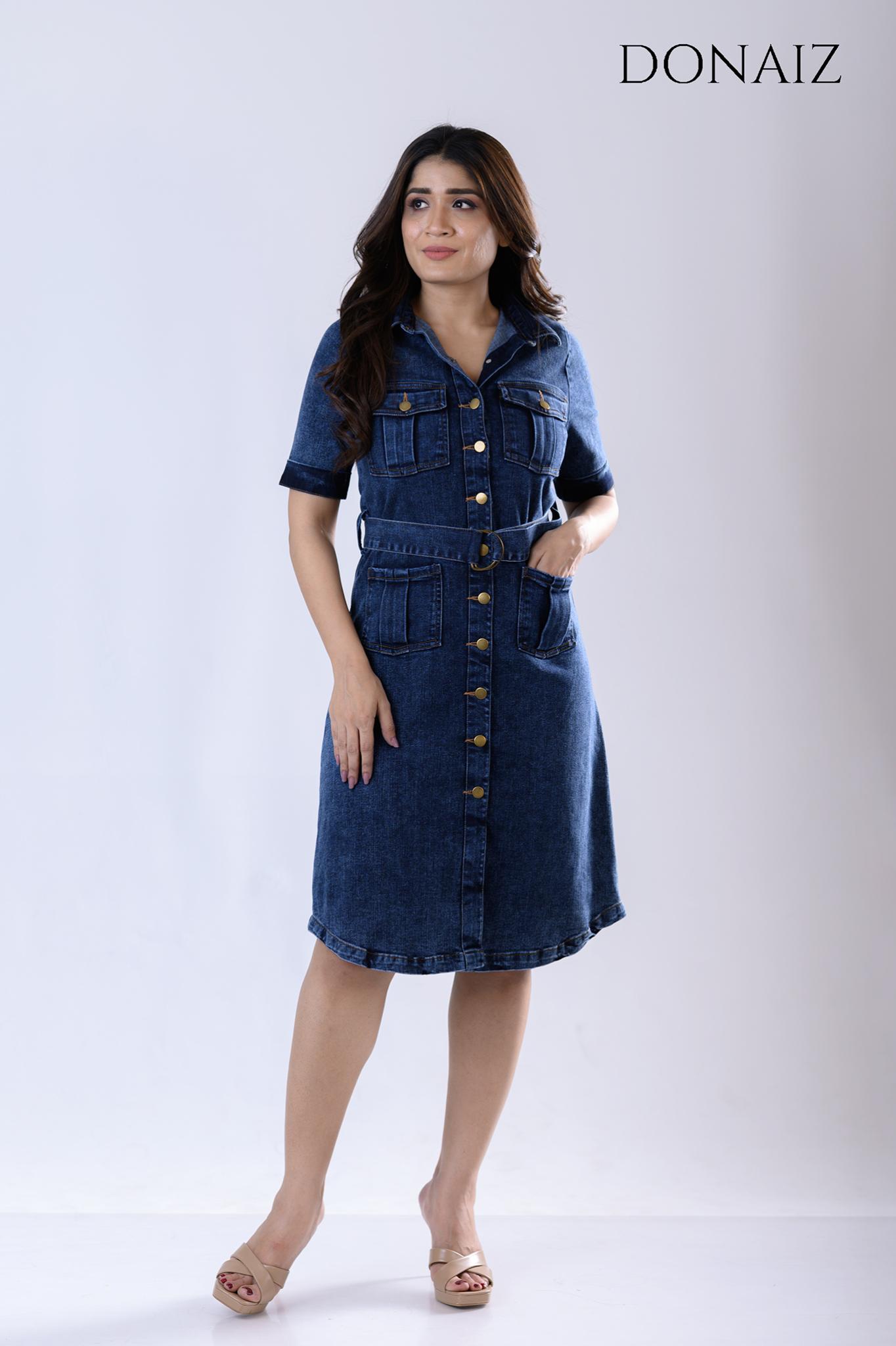 DONAIZ Solid Blue Pleated Pocketed Shirt Dress with Belt