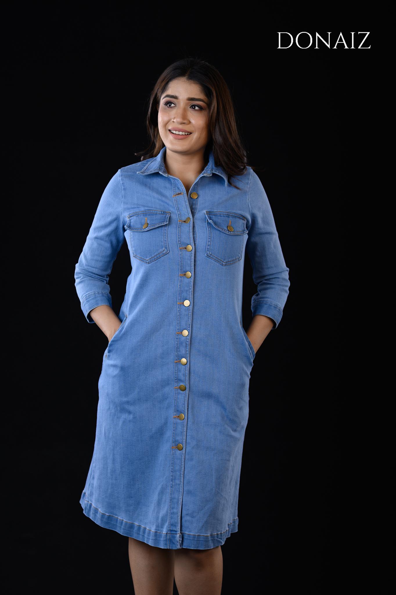 DONAIZ solid, buttoned A-line mini denim dress.