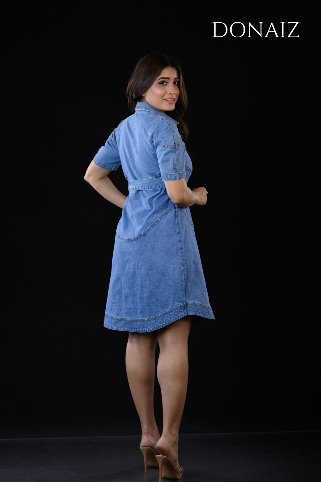 DONAIZ Stylish Denim Shirt dress with Belt