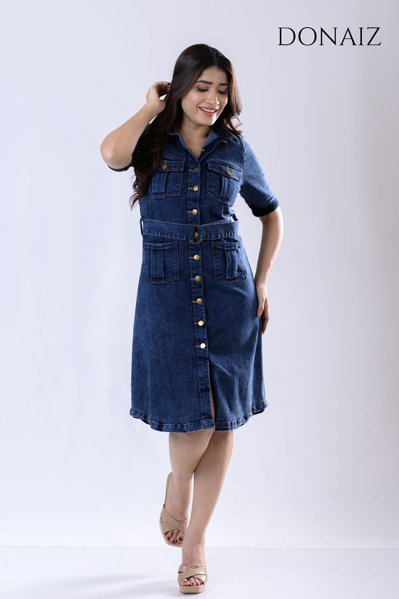 DONAIZ Solid Blue Pleated Pocketed Shirt Dress with Belt