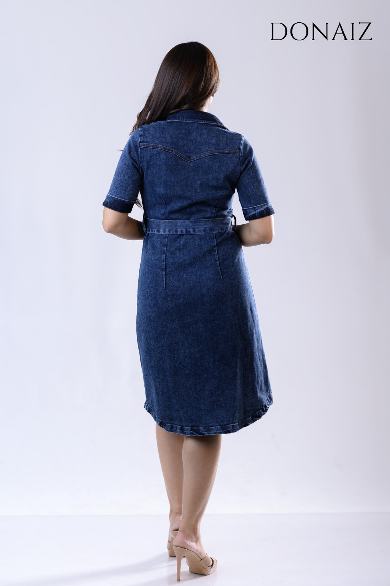 DONAIZ Solid Blue Pleated Pocketed Shirt Dress with Belt