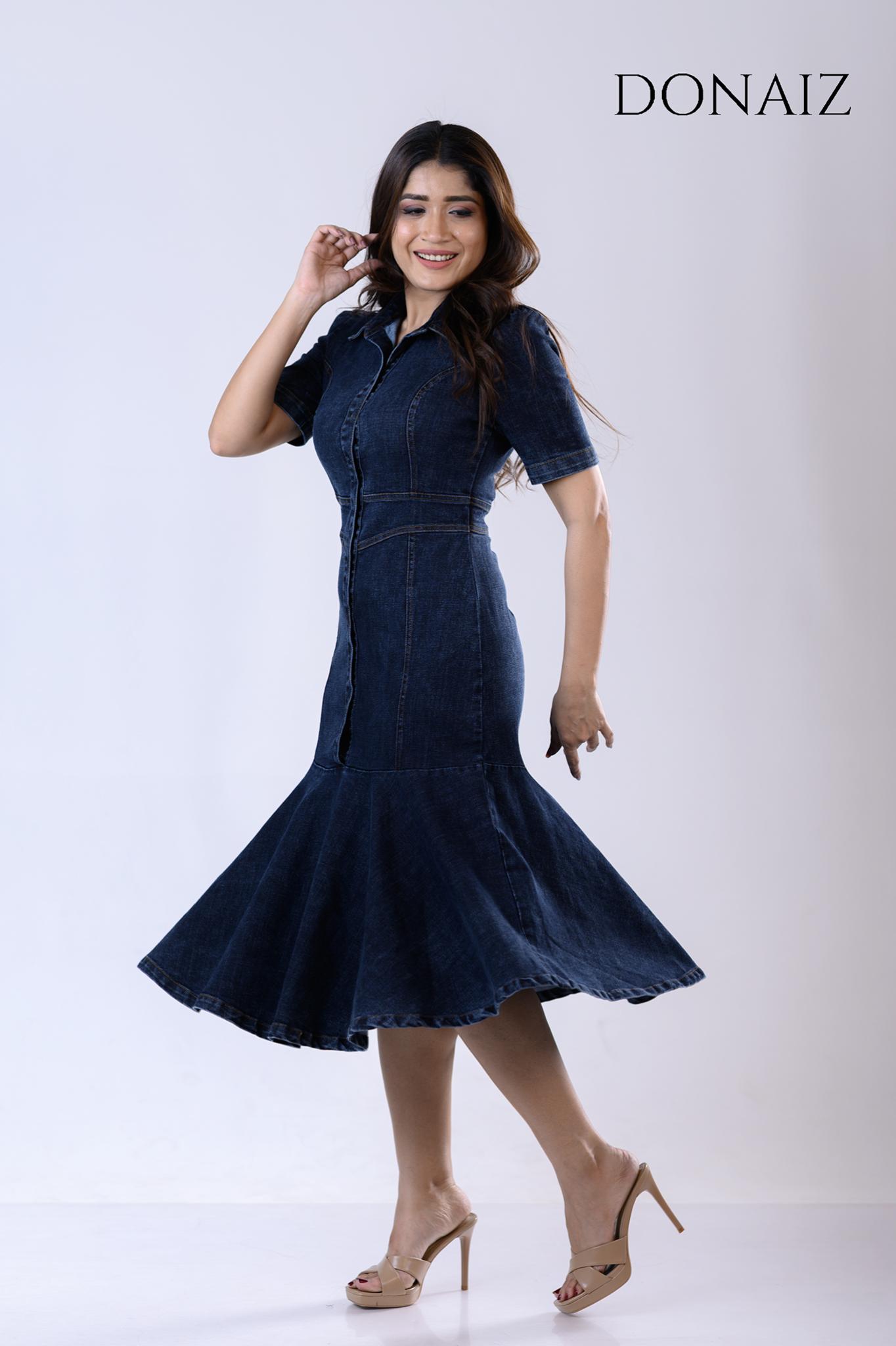 DONAIZ Flared denim Midi Dress