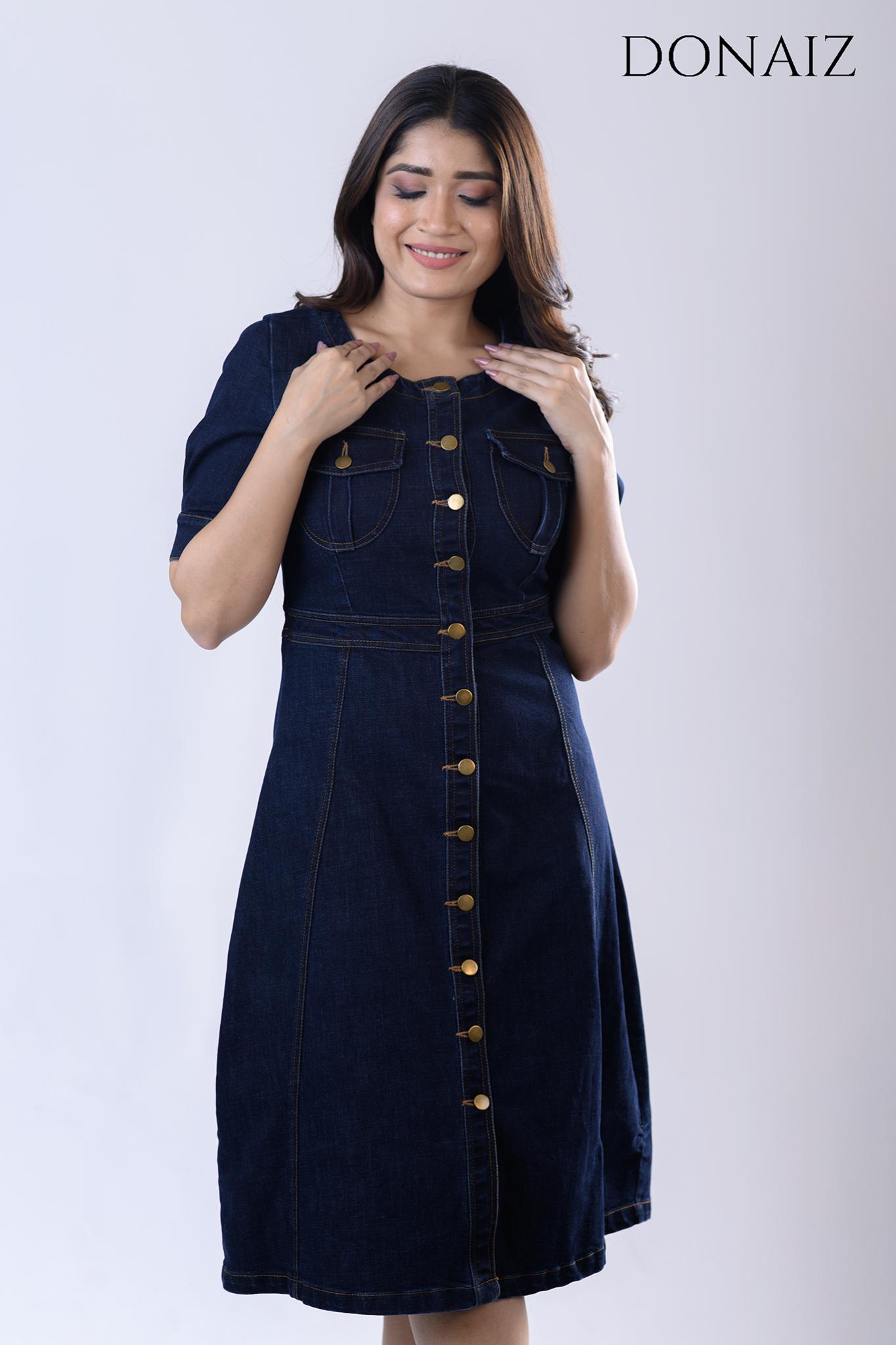 DONAIZ Elegant denim midi dress with short sleeves