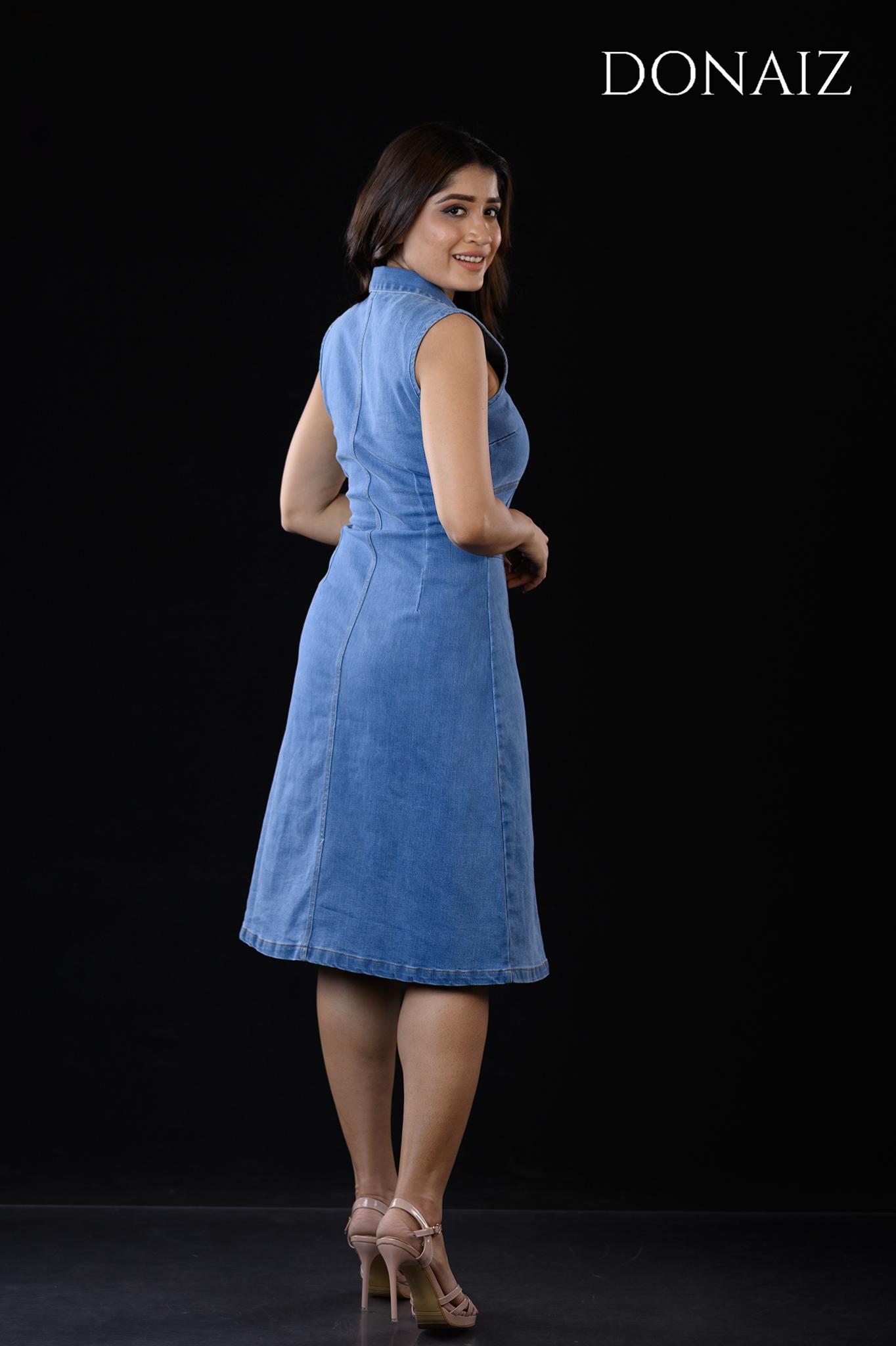 DONAIZ Elegant Sleeveless denim Midi Dress With Collar Neck