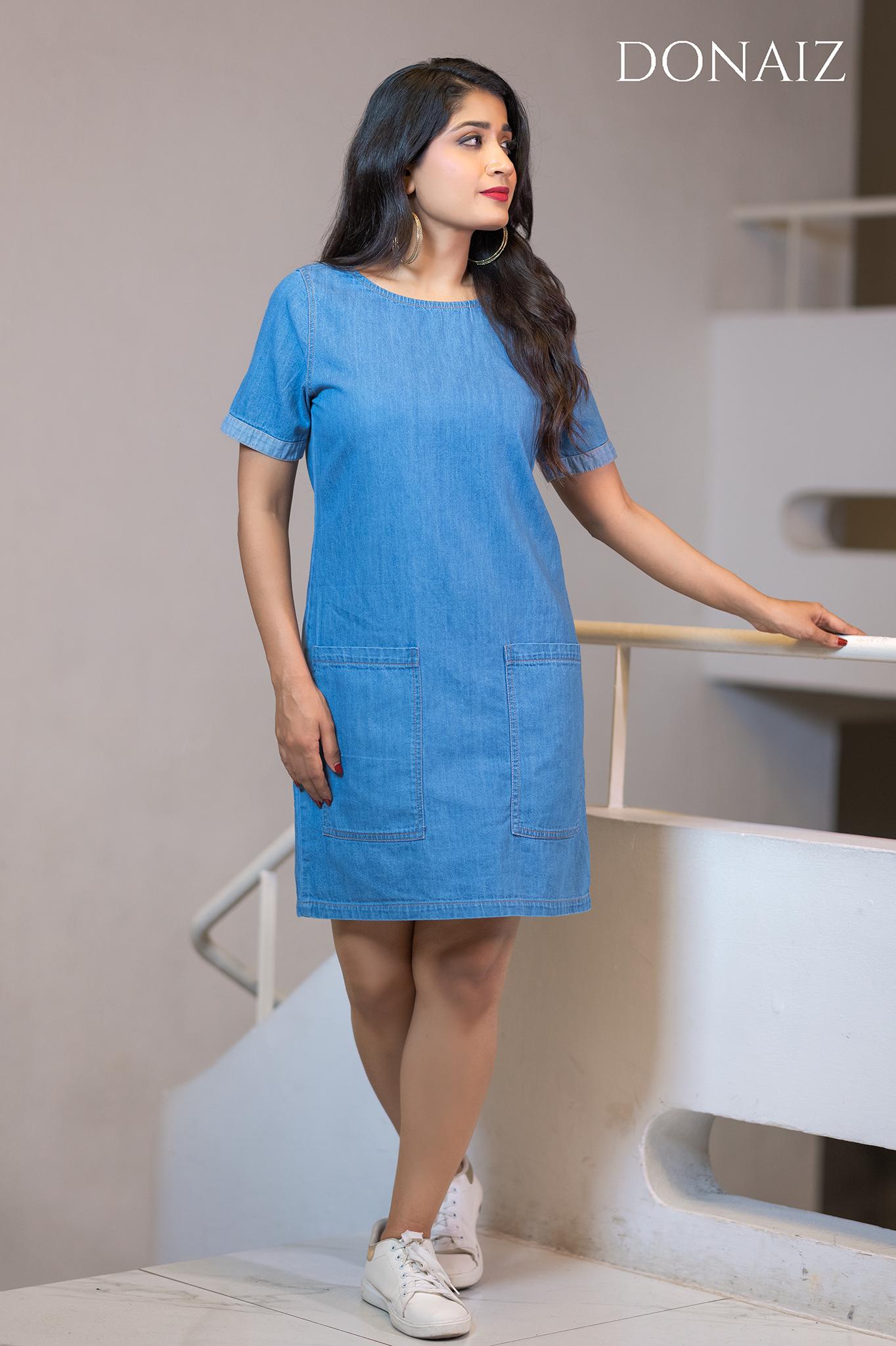 Fashionable Round Neck Denim Dress