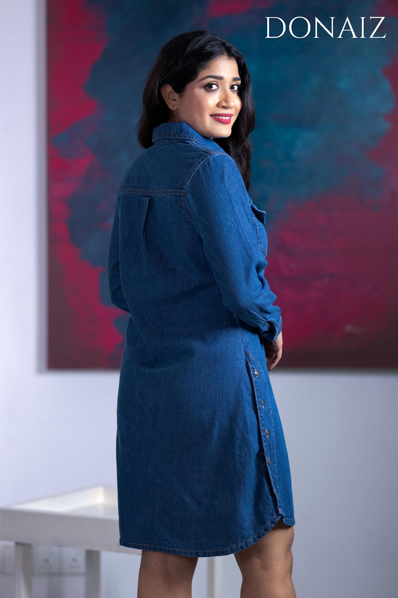 Stylish Roll sleeve Denim Shirt Dress