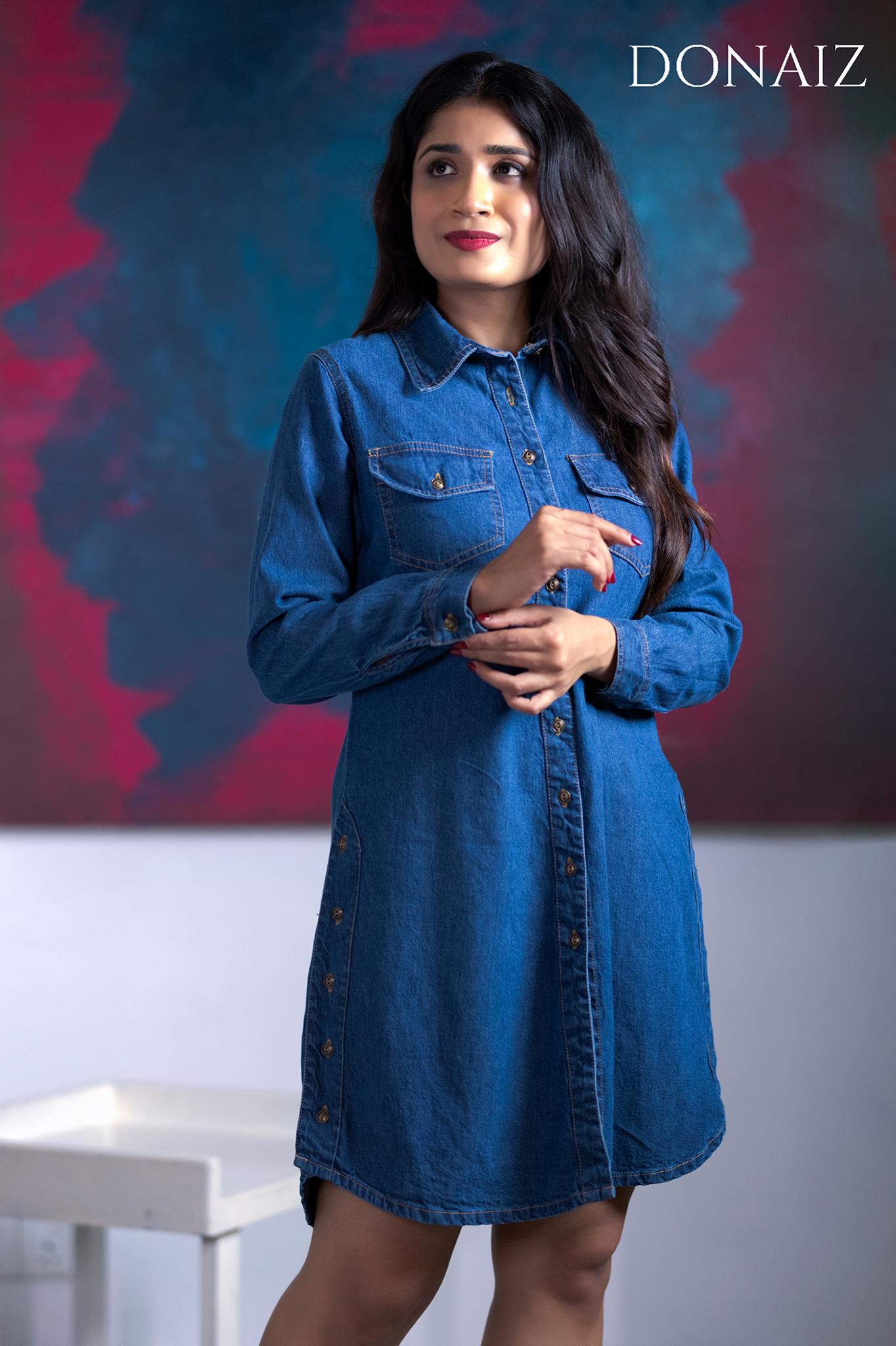 Stylish Roll sleeve Denim Shirt Dress