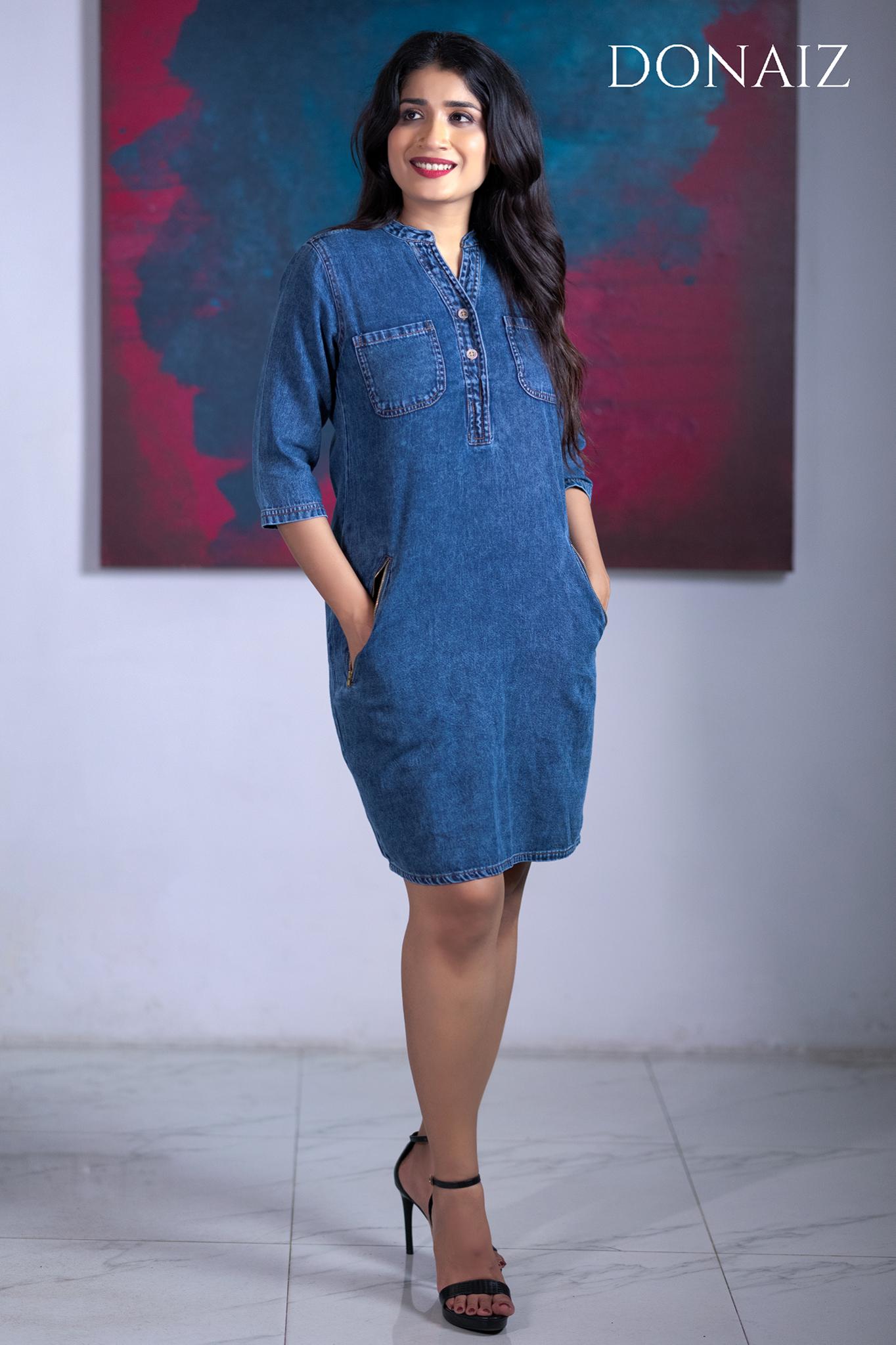 Zipper Pocketed Medi Denim Dress