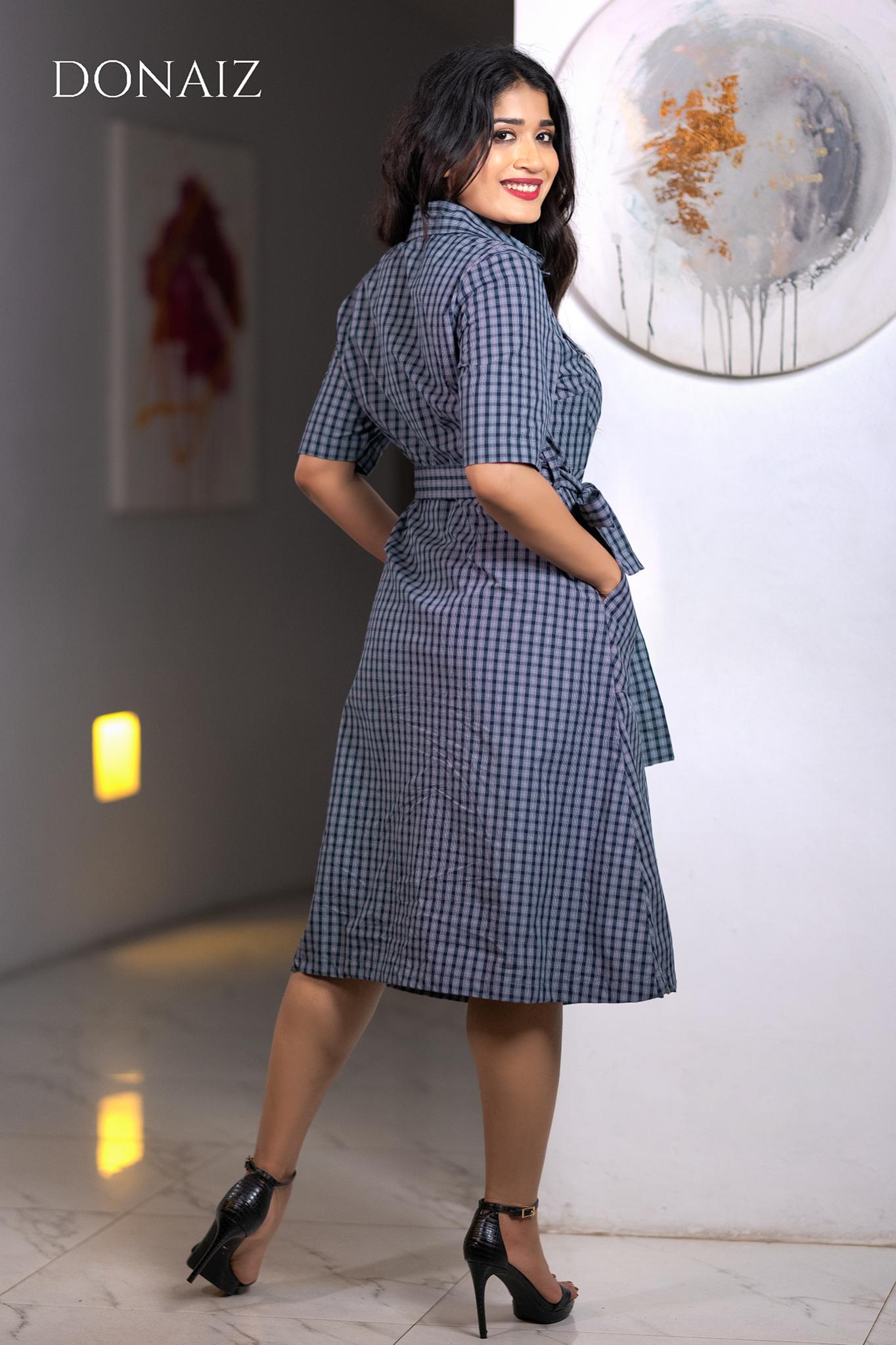 Checked Midi Front Tie Dress