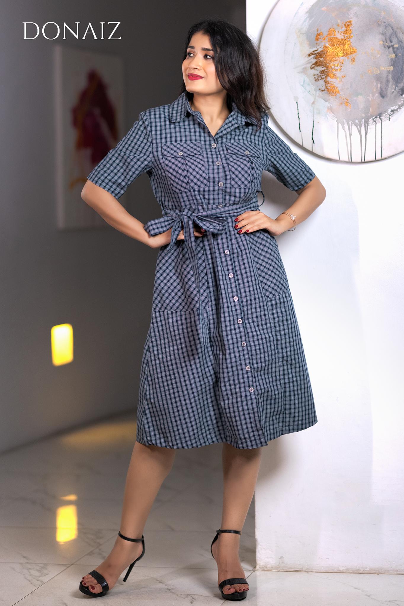 Checked Midi Front Tie Dress