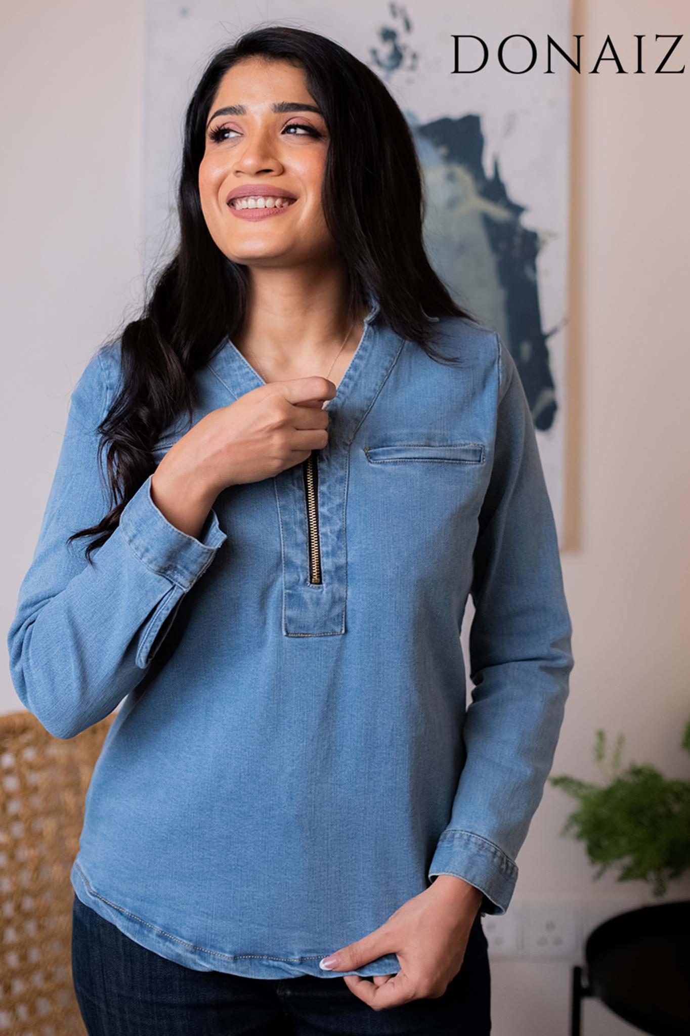 Long Sleeve Denim Blouse with Zipper